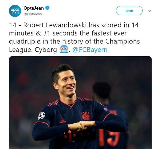 Robert Lewandowski pencetak quatrick tercepat. (Twitter/@OptaJean).