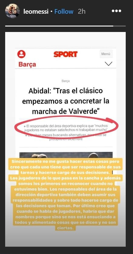 Postingan Lionel Messi soal wawancara Eric Abidal. (Instagram/@leomessi).