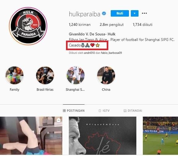 Hulk tegaskan dirinya telah menikah dengan menuliskan kata menikah di bio Instagram. (@hulkparaiba).