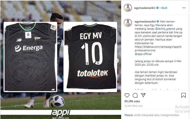 Jersey Egy Maulana Vikri dilelang (Screenshoot Instagram egymaulanavikri) 