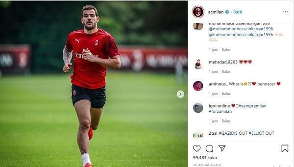 Pemain AC Milan Theo Hernandez melakukan latihan individual di Milanello. (Screenshot Instagram @acmilan)   