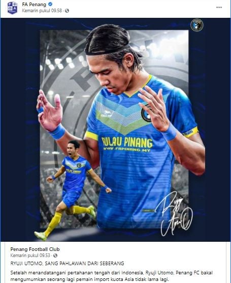 Ryuji Utomo disebut pahlawan oleh Penang FA. (Facebook/FA Penang)