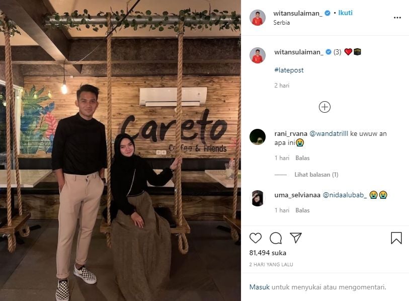 Witan Sulaeman pamer foto dengan wanita berhijab yang merupakan kekasihnya, )Rismahani. (Instagram/witansulaiman_)