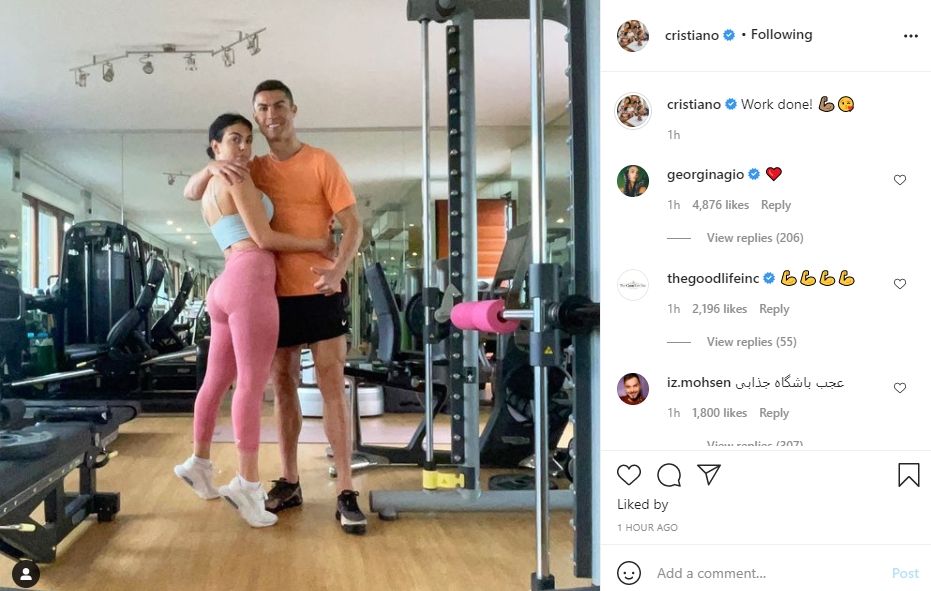 Cristiano Ronaldo mesra saat ngegym bareng Georgina Rodriguez. (Instagram/cristiano)