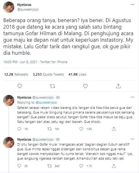 Pengakuan warganet sebut Gofar Hilman pernah lakukan pelecehan seksual. (Twitter/quweenjojo)