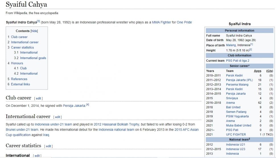 Profil Syaiful Indra Cahya diedit jadi petarung MMA. (Wikipedia)