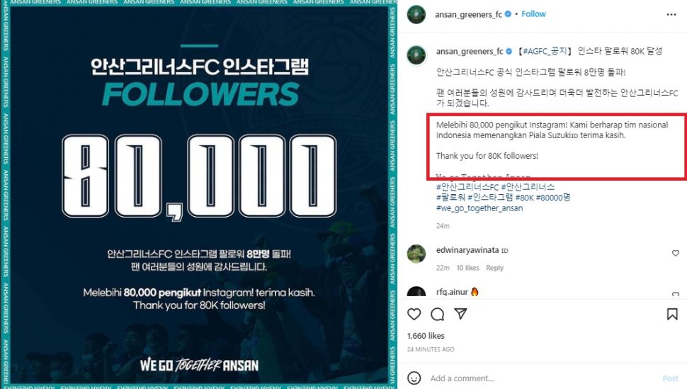 Ansan Greeners bikin blunder usai umumkan kontrak baru Asnawi. (Instagram/ansan_greeners_fc)