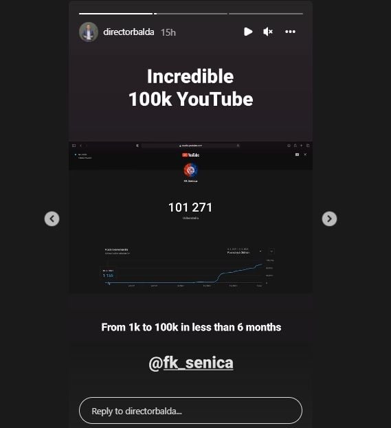 Postingan David Balda yang memperlihatkan lonjakan subscriber YouTube FK Senica. (Instagram/directorbalda)