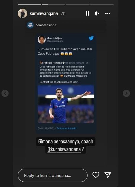 Pelatih Indonesia, Kurniawan Dwi Yulianto merespons kabar bakal melatih Cesc Fabregas di Como 1907. (Instagram/kurniawanqana)